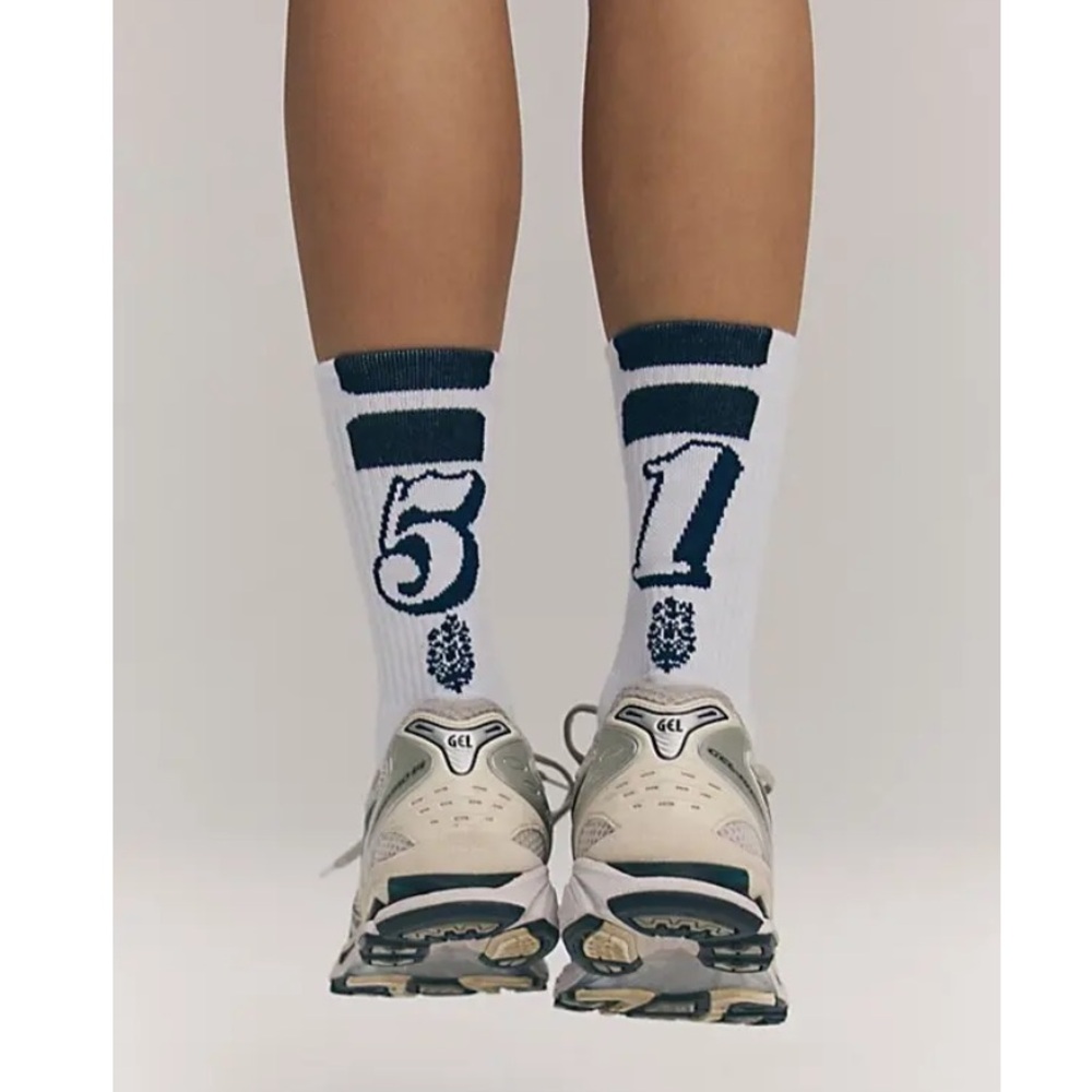 NWT Free People Lay Up Crew Socks Numbered 1 and 5 in Navy and White